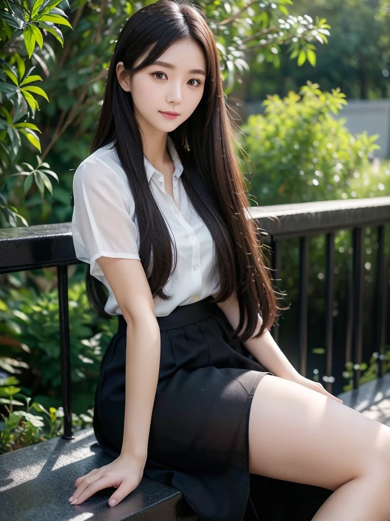 Black and white skirt 、Sheer blouse、(Highest quality)、((Very detailed))、4K、(8K)、masterpiece、Super detailed、Highest quality、Super Resolution、One person、Kind Face、Soft Light、Raw quality、Soft Skin、Heel、163cm、Garden Terrace