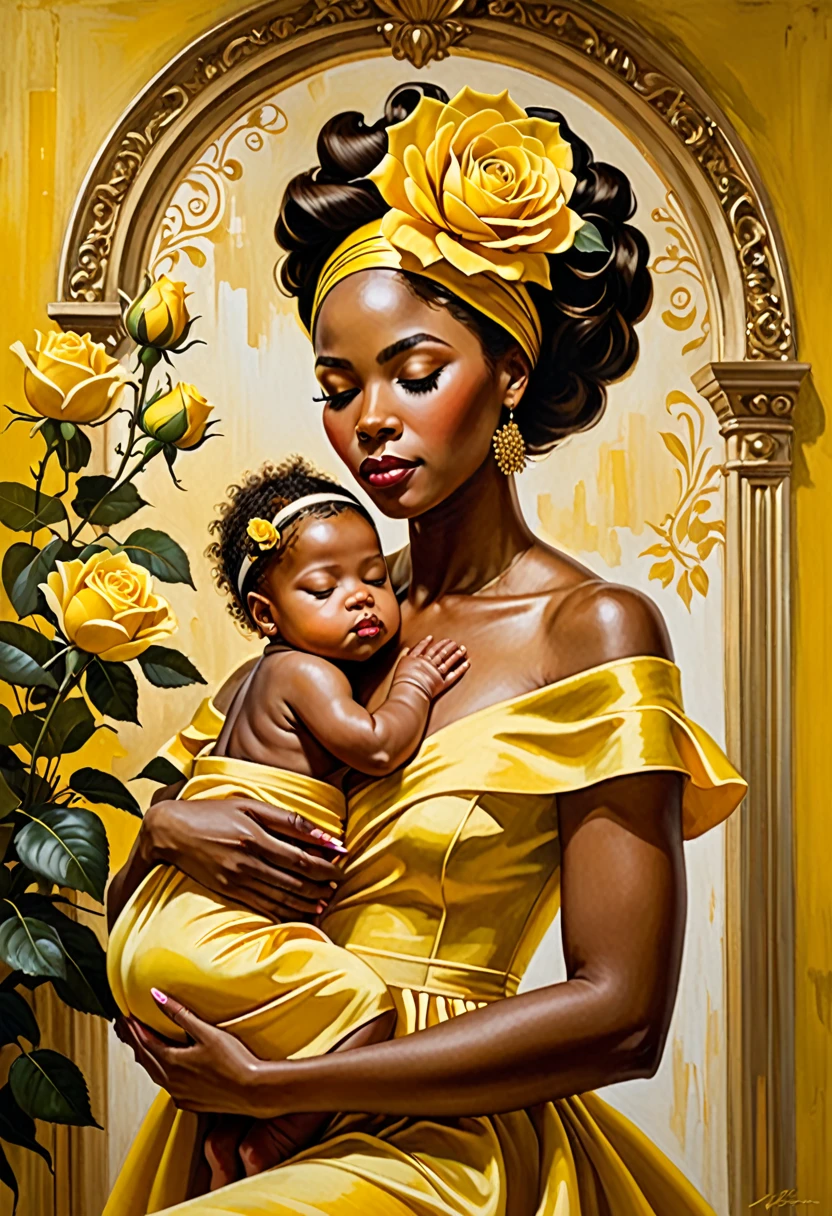 A detailed oil painting of an elegant African American woman holding a sleeping baby. The woman has a grand hairstyle adorned with a large yellow rose. She is wearing a luxurious yellow dress with matching yellow accents. The baby, also African American, is wearing a yellow dress with matching yellow details and a yellow headband with a yellow flower. The background features a classical setting with soft, warm lighting and delicate flowers in yellow tones. The style is realistic with rich, vibrant colors and fine brushstrokes typical of classical oil paintings.