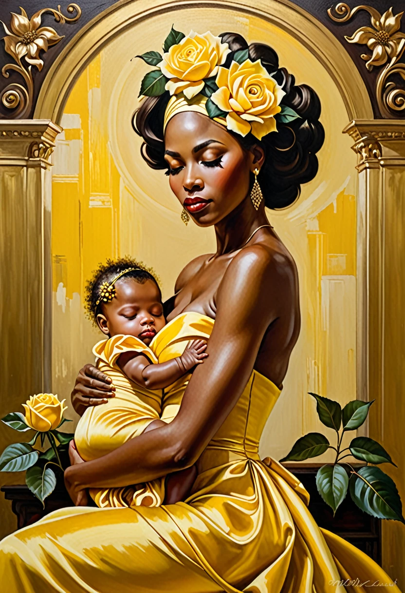 A detailed oil painting of an elegant African American woman holding a sleeping . The woman has a grand hairstyle adorned with a large yellow rose. She is wearing a luxurious yellow dress with matching yellow accents. The babyso African American, is wearing a yellow dress with matching yellow details and a yellow headband with a yellow flower. The background features a classical setting with soft, warm lighting and delicate flowers in yellow tones. The style is realistic with rich, vibrant colors and fine brushstrokes typical of classical oil paintings.