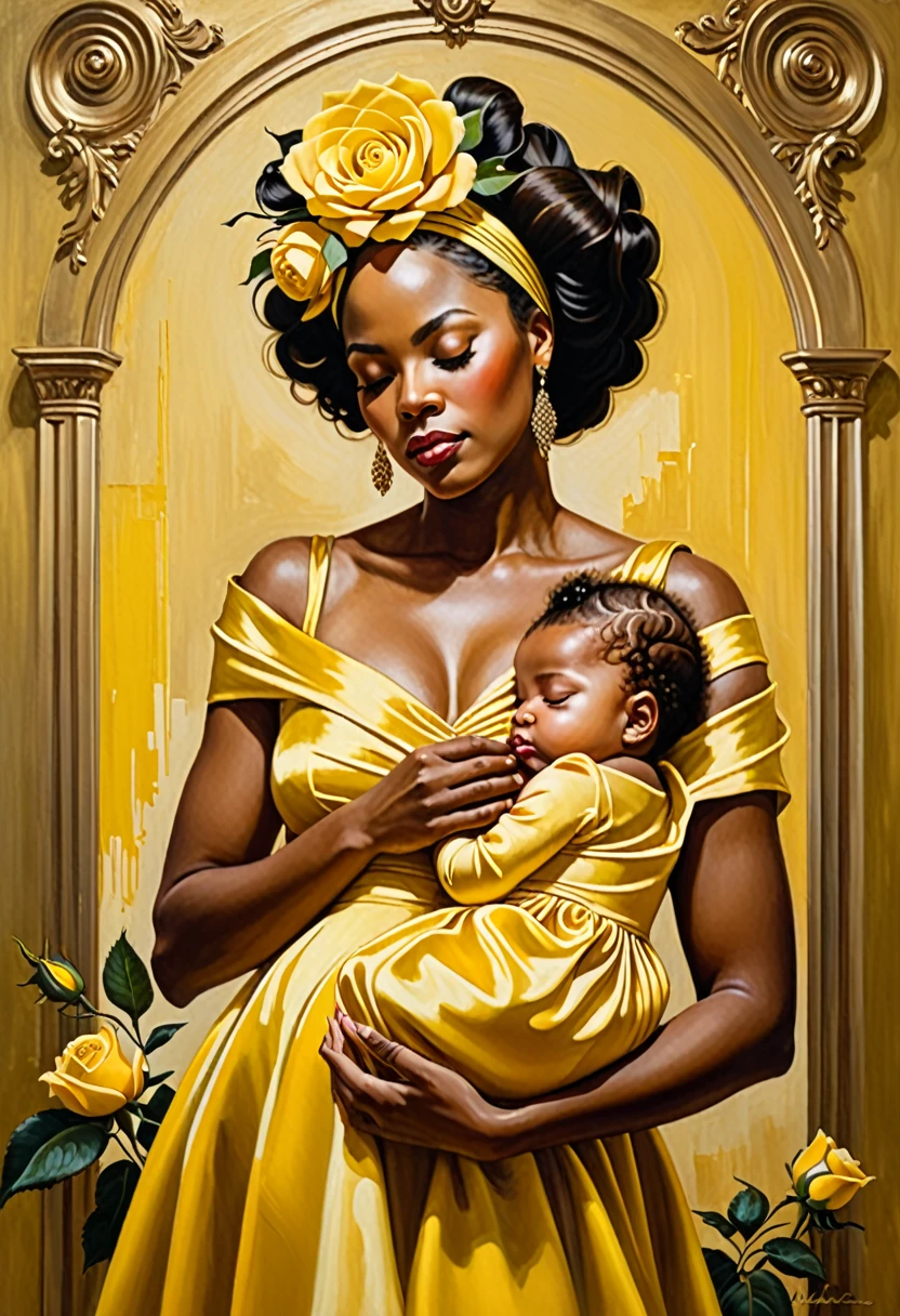 A detailed oil painting of an elegant African American woman holding a sleeping baby. The woman has a grand hairstyle adorned with a large yellow rose. She is wearing a luxurious yellow dress with matching yellow accents. The baby, also African American, is wearing a yellow dress with matching yellow details and a yellow headband with a yellow flower. The background features a classical setting with soft, warm lighting and delicate flowers in yellow tones. The style is realistic with rich, vibrant colors and fine brushstrokes typical of classical oil paintings.