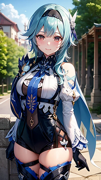 euladef, A smile, red blush, plein air, day, simple background, blue open sky, shorth hair, Sky, temple, looking at the viewers,