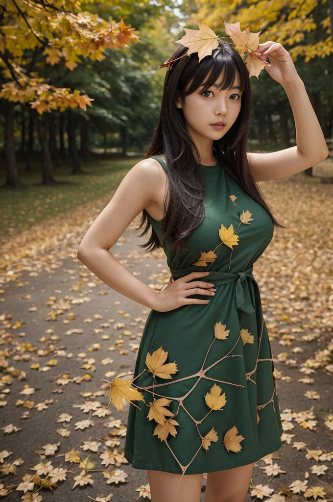 1girl, against_tree, aki_shizuha, anger_vein, autumn, autumn_leaves, bangs, bare_tree, blue_eyes, huge gigantic breasts,blunt_bangs, branch, night, dress, falling_leaves, forest, ginkgo_leaf, holding_leaf, lake, leaf, leaf_background, leaf_hair_ornament, leaf_on_head, leaf_print, lips, long_hair, looking_at_viewer, maple_leaf, nature, outdoors, solo, standing, stone_lantern, tree, under_tree, black hair, sensei 