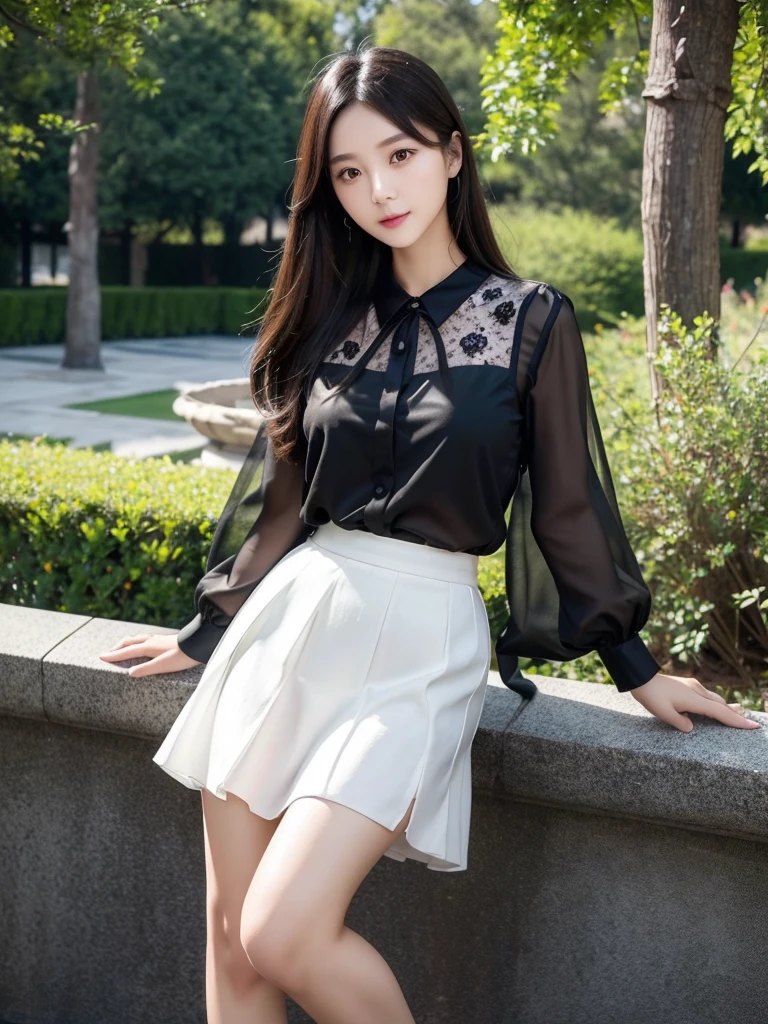 Black and white skirt 、Sheer blouse、(Highest quality)、((Very detailed))、4K、(8K)、masterpiece、Super detailed、Highest quality、Super Resolution、One person、Kind Face、Soft Light、Raw quality、Soft Skin、Heel、163cm、Garden Terrace