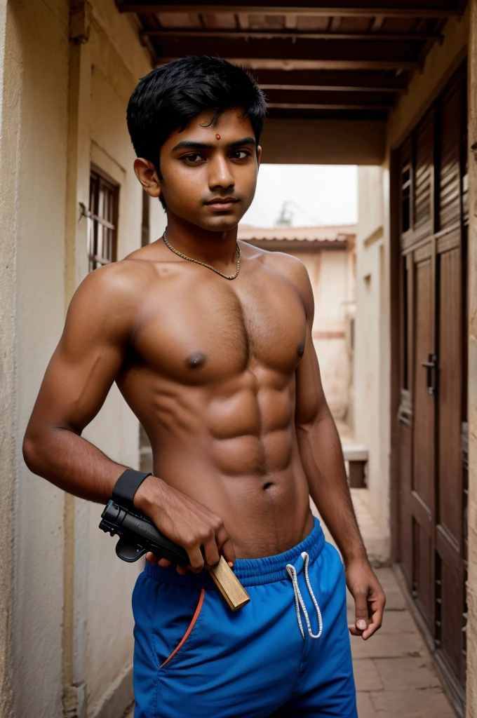 Indian boy
Height 5.9 fit
Body weight 53kg
Holding a real gun