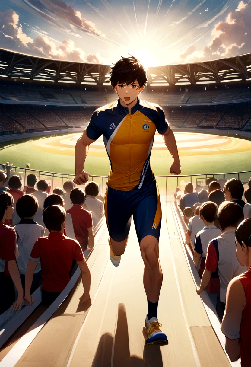 In this first comic, We are transported to the electrifying atmosphere of a high school stadium.. The race track unfolds before your eyes, surrounded by stands full of excited spectators. The sky is clear, The sun is casting a golden light over the landscape.
In the center of the image, I see young athletes with focus and determination., I'm ready to start racing. Muscles are tense, And he's in the lead position, Staring at the horizon. Sports uniforms and running shoes are reproduced in vivid detail and with a high level of realism.
The surrounding crowd is trembling with excitement., With excited faces and cheering flags. The image quality is top notch, Capturing the texture of the track and the expressions of the athletes. Pure energy and competition, It invites us into the exciting world of athletics.,