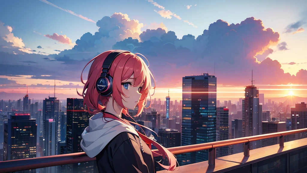 Woman wearing headphones, Anime Style 4 k, anime wallpaper 4k, anime wallpaper 4k, 4k anime wallpaper, anime art wallpaper 4k, anime art wallpaper 4k, Anime Style. 8K, Anime atmosphere, , Ultra HD Anime Wallpaper, Anime Art Wallpaper 8K, Anime Background,summer,City,landscape、far away、music、noon