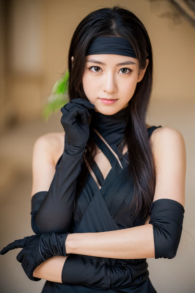 ((Ninja 1.3)),After the battle,(Torn Costume),Photo Real, whole body,mask, or period,Background Sen, Highest quality, Ultra-high resolution, depth, pastel colour, Natural Shading、Long Hair, Black Hair, Brown, narrow eyes, Black Dress, gloves, Anatomically correct,