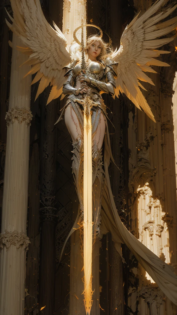 A colossal fallen statue of the archangel Lucifer, cracked halo and shattered wings amidst the ruins of a divine cathedral,