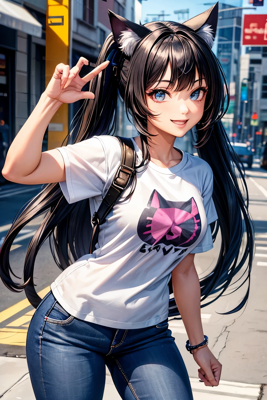 Top quality, High resolution, Perfect figure, Cat ears, Front view, Shiny hair, Dark hair, Twin-tail, Urban, Gradient eyes, Sleek bangs, Frontal angle, T-shirt, Jeans, Smile