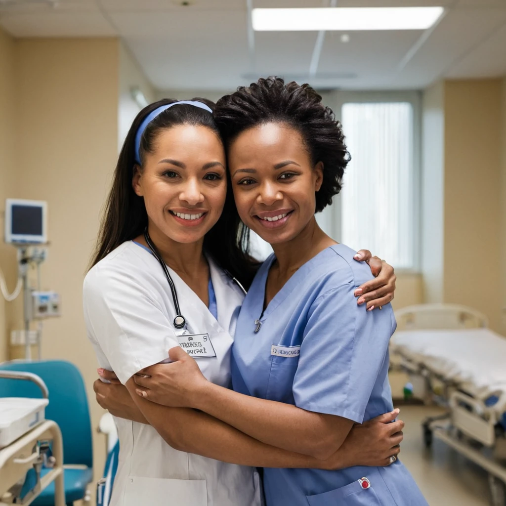 Image of two women nurses hugging each other in a hospital