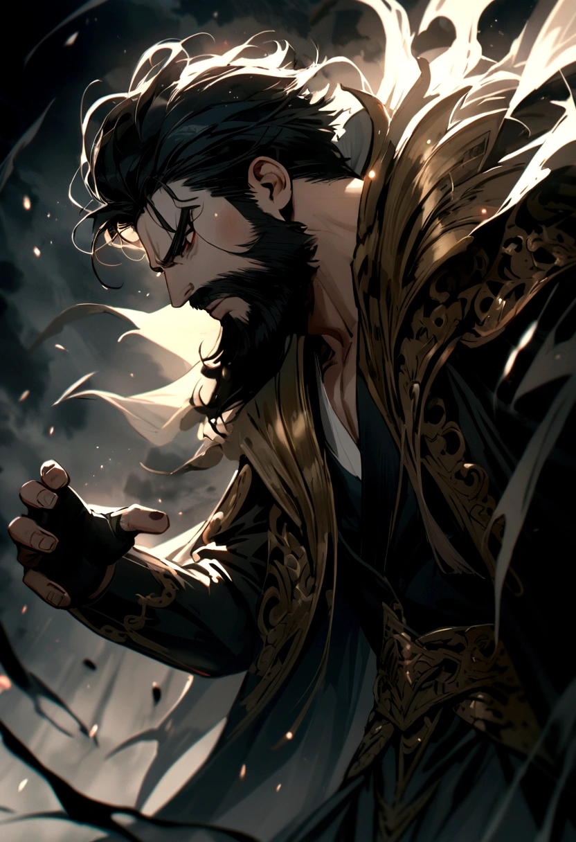 young boy with beard and medium long black hair in a fight with evil face