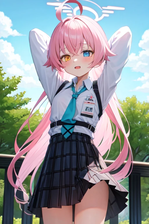 masterpiece, Highest quality, Very detailed, One Girl, Hoshino, White shirt, Pleated skirt, Embarrassing, Are standing,
Outdoor,Put your arms behind your head