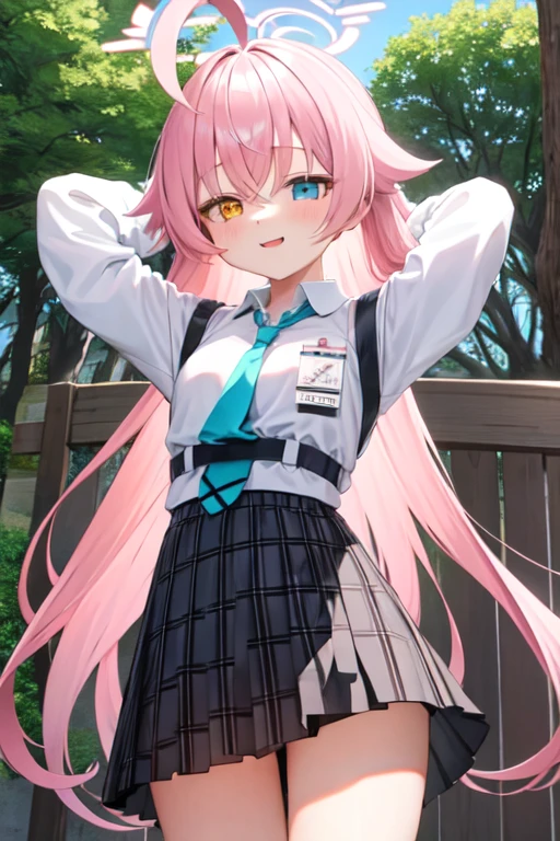 masterpiece, Highest quality, Very detailed, One Girl, Hoshino, White shirt, Pleated skirt, Embarrassing, Are standing,
 Outdoor,Put your arms behind your head