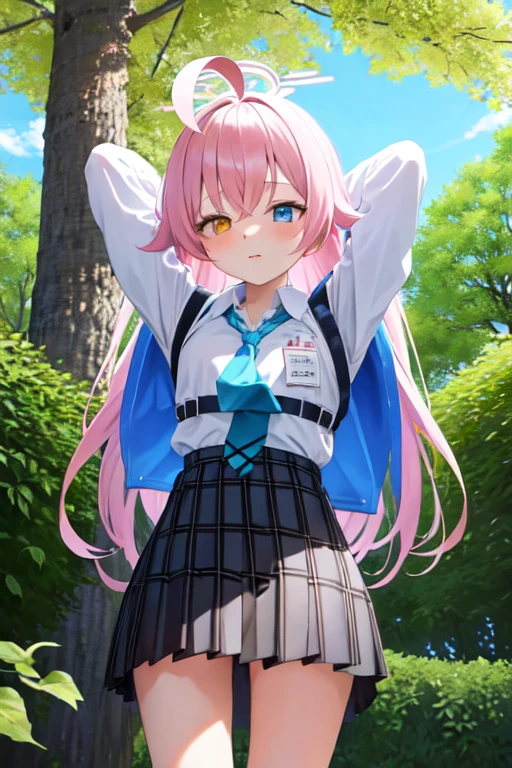 masterpiece, Highest quality, Very detailed, One Girl, Hoshino, White shirt, Pleated skirt, Embarrassing, Are standing,
Outdoor,Put your arms behind your head