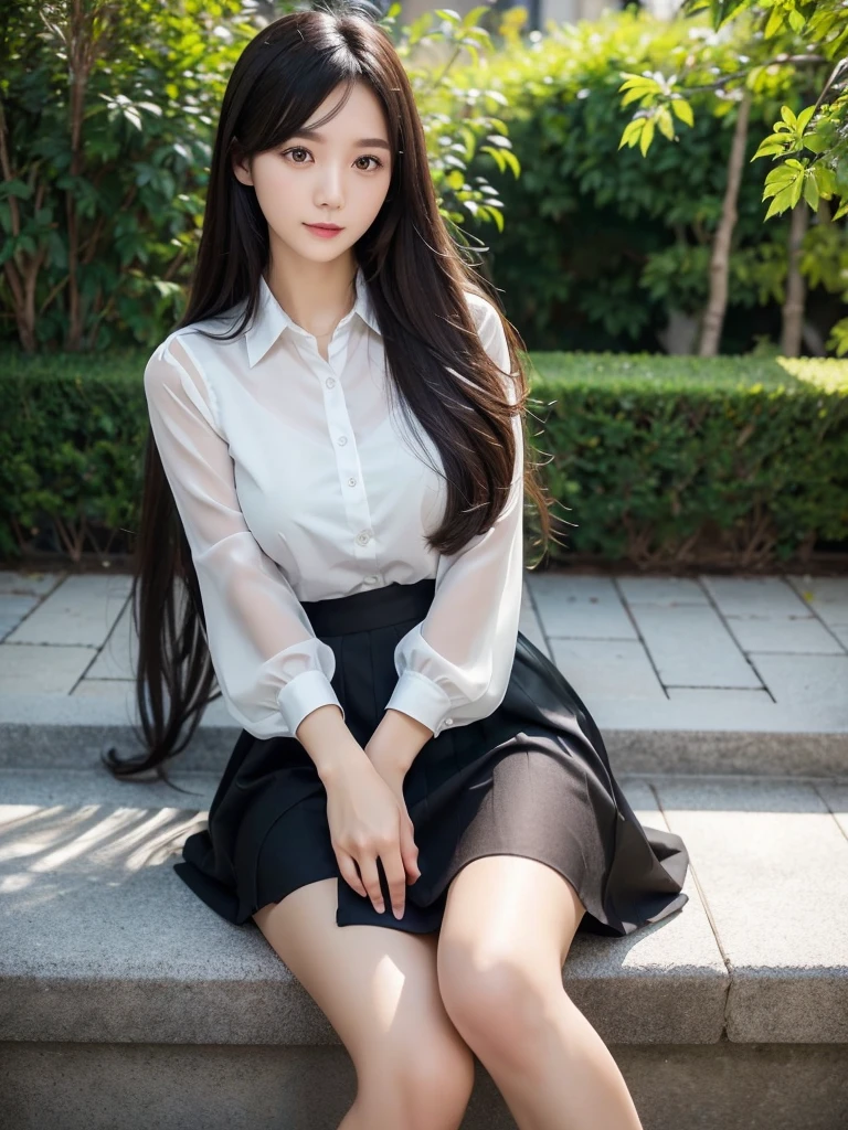 Black and white skirt 、Sheer blouse、(Highest quality)、((Very detailed))、4K、(8K)、masterpiece、Super detailed、Highest quality、Super Resolution、One person、Kind Face、Soft Light、Raw quality、Soft Skin、Heel、163cm、Garden Terrace