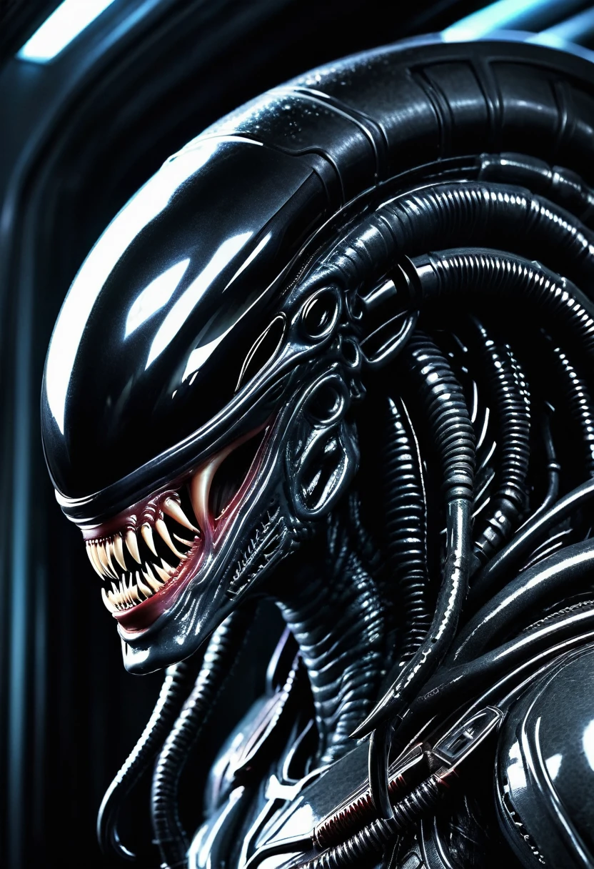 (((Very close up (((Predator fusion Xenomorph Alien the eighth passenger))),(((black color))),///Predator Mouth))),surreal and cinematographic images Color Splash images))),(((Front Images))),(((dreadlocks)))