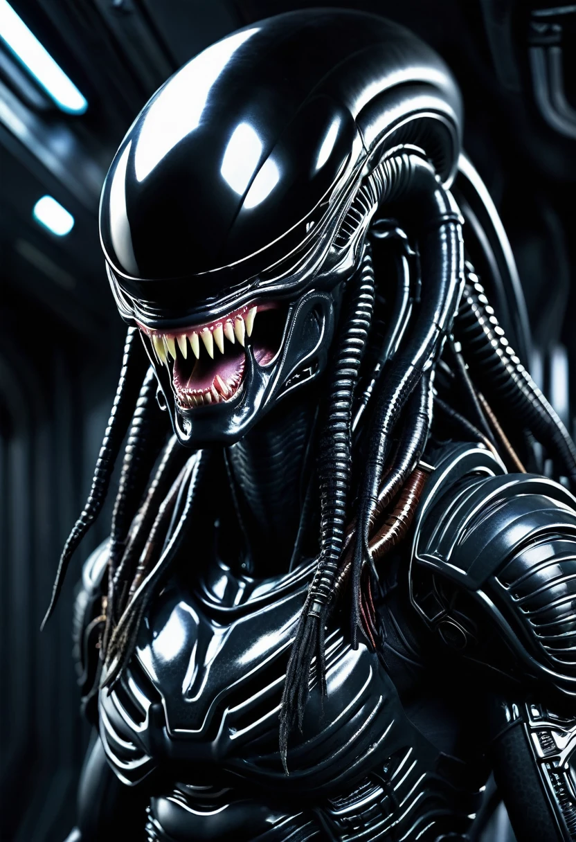 (((Very close up (((Predator fusion Xenomorph Alien the eighth passenger))),(((black color))),///Predator Mouth))),surreal and cinematographic images Color Splash images))),(((Front Images))),(((dreadlocks)))