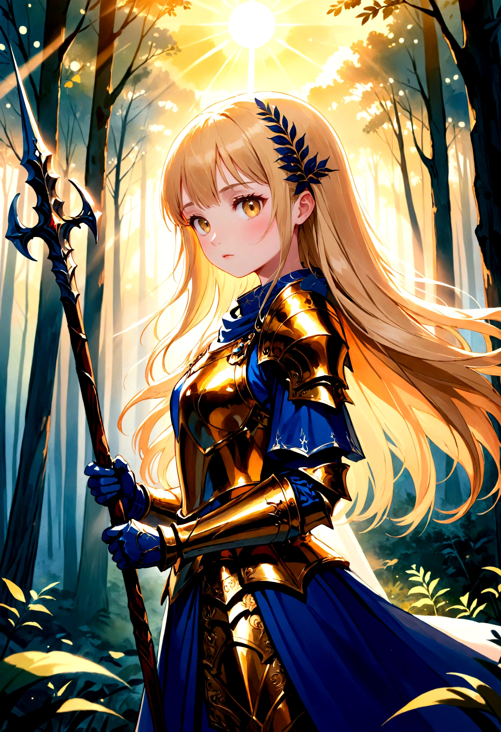 a holy knight girl, forest, background,　holding a lance, illustration, high quality, masterpiece, watercolor style, sunset illumination, sunrays through the trees, blue and golden armor details, blond long hair, bangs 