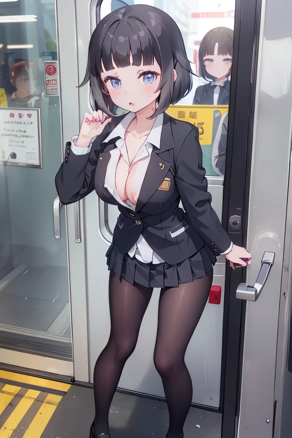 (8K、Highest quality、highest quality、masterpiece)、Detailed face、One girl、on the train、((Pressing her chest against the glass of the door.4))、、short hair、、blunt bangs、Grey Eyes、、、((Blazer jacket uniform))、((Pleated skirt))、((No panties))、((bent over))、Back Alley Background、Very large breasts、Nipples are visible、、Black Pantyhose、Milk dripping from nippleilk spurting from the nipple、、Open your mouth、Troubled face、Love juice from the genitals、Full body portrait、Black Loafers、One man、Hearts in the eyes、Sex with a man、A man stands behind、A man grabs my waist from behind、Standing doggy style、Put your hand on the door