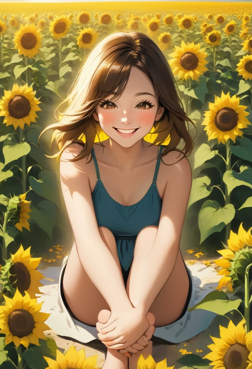Woman sitting happy in a landscape of sunflowers showing her toenails and hands