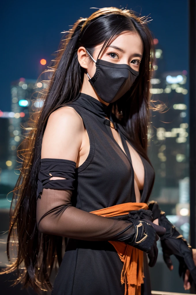 ((Ninja 1.3)),After the battle,(Torn Costume),Photo Real, whole body,mask, or period,Background Sen, Highest quality, Ultra-high resolution, depth, pastel colour, Natural Shading、Long Hair, Black Hair, Brown, narrow eyes, Black Dress, gloves, Anatomically correct,night,city,Moving in motion