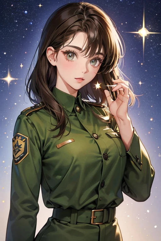 she has dark brown hair Her eyes were  green, she is shown to wear a khaki uniform    with three-quarter-length sleeves. SPARKLE; GLITTER