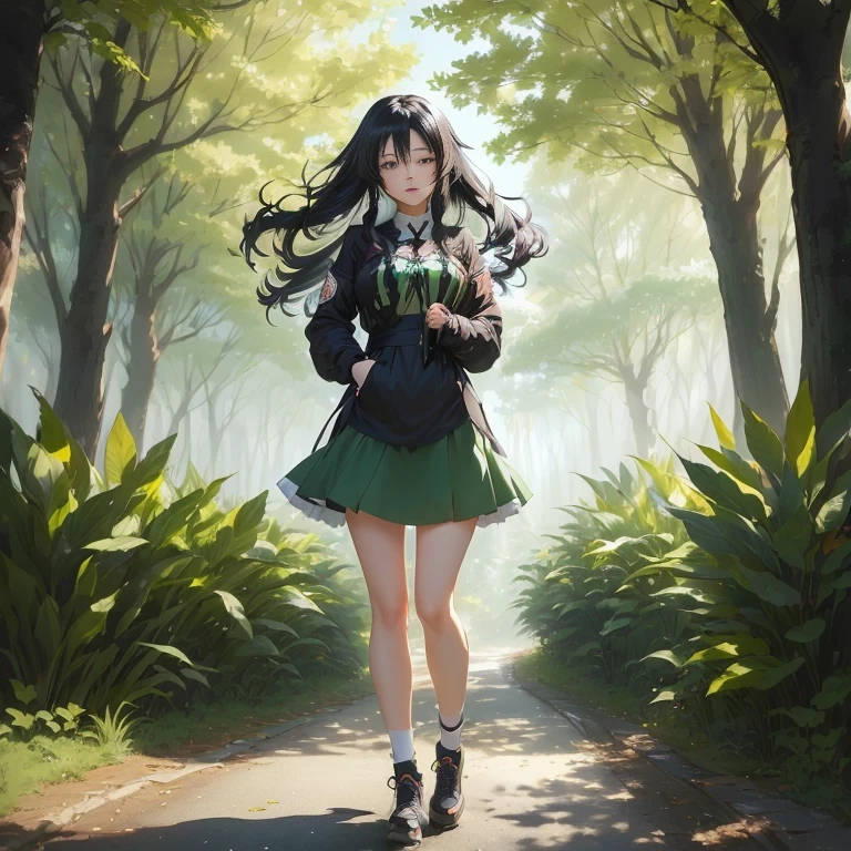 anime girl with long black hair walking down a path in a forest, anime art wallpaper 8 k, anime lush john 8k woods, anime style 4 k, anime art wallpaper 4 k, anime art wallpaper 4k, 4k anime wallpaper, anime wallpaper 4 k, anime wallpaper 4k, anime visual of a cute girl, artwork in the style of guweiz