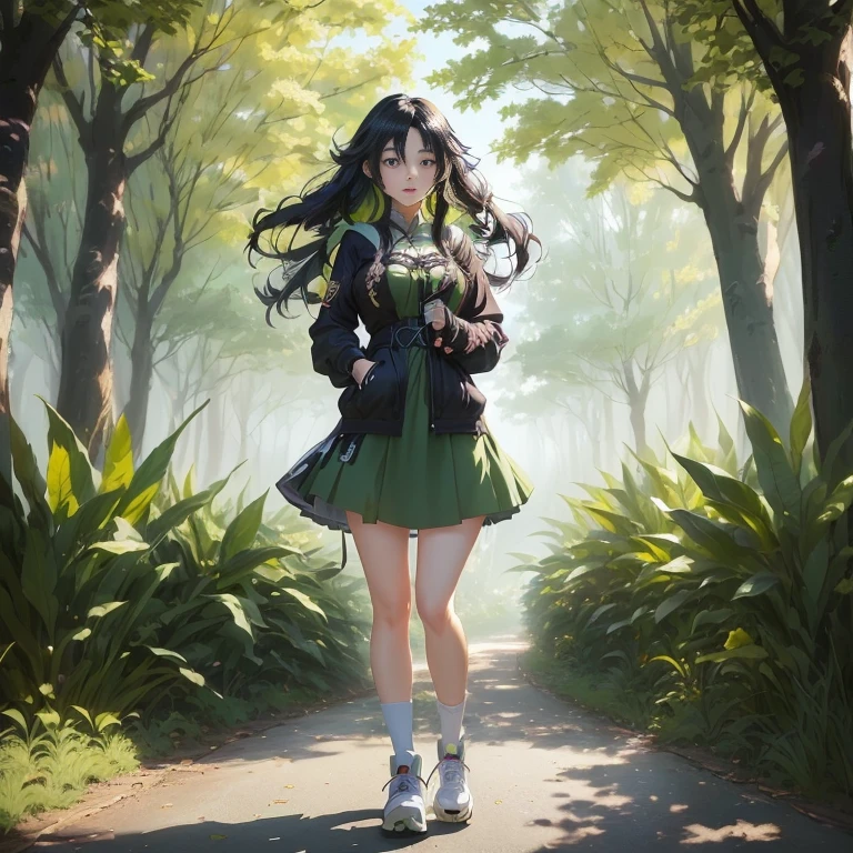 anime girl with long black hair walking down a path in a forest, anime art wallpaper 8 k, anime lush john 8k woods, anime style 4 k, anime art wallpaper 4 k, anime art wallpaper 4k, 4k anime wallpaper, anime wallpaper 4 k, anime wallpaper 4k, anime visual of a cute girl, artwork in the style of guweiz