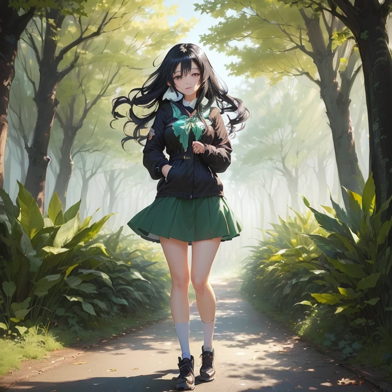 anime girl with long black hair walking down a path in a forest, anime art wallpaper 8 k, anime lush john 8k woods, anime style 4 k, anime art wallpaper 4 k, anime art wallpaper 4k, 4k anime wallpaper, anime wallpaper 4 k, anime wallpaper 4k, anime visual of a cute girl, artwork in the style of guweiz