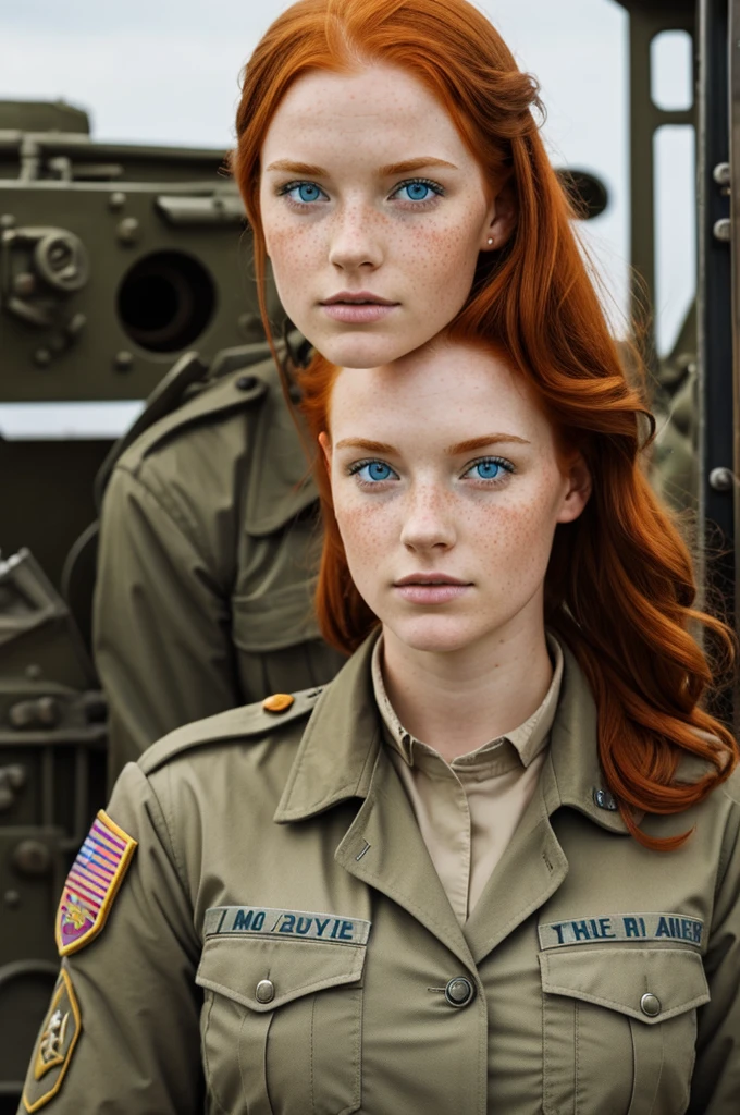 young woman, redhead, blue eyes, freckled and white in military uniform