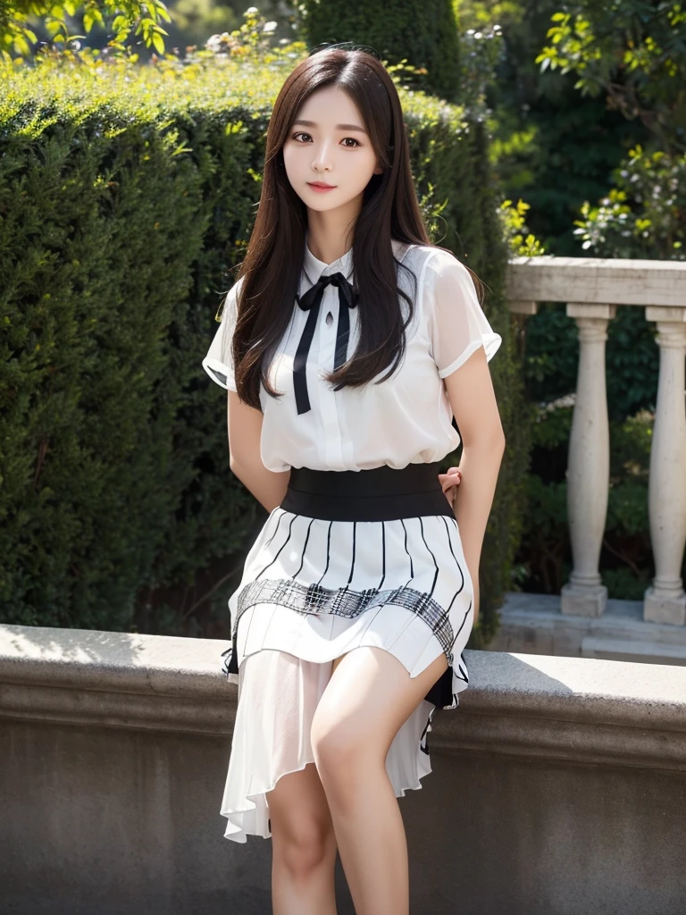 Black and white skirt 、Sheer blouse、(Highest quality)、((Very detailed))、4K、(8K)、masterpiece、Super detailed、Highest quality、Super Resolution、One person、Kind Face、Soft Light、Raw quality、Soft Skin、Heel、163cm、Garden Terrace