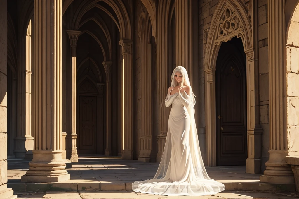 (work of art, half-body shot, slim and slim body), Imagine a scene set in the mysterious embrace of the dimly lit corridors of an ancient castle, under the cover of night. In the heart of this gothic setting, a female white-haired spectral ghost, translucent and beautiful, glides silently. She embodies the ethereal beauty of the supernatural, with long, flowing hair that seems to float in the imperceptible breeze and a dress that whispers stories of the past. Your presence is both frightening and mesmerizing., a spectral vision captured between worlds. The castle around you, with its imposing stone walls, arched doors, and flickering torches, offers a setting full of mystery and ancient secrets. The air is thick with the weight of history, each shadow suggesting untold stories. this ghost, a whisper of a young girl&#39;s tragedy and elegance, moves with a grace that belies its mysterious nature, captivating the viewer with its otherworldly beauty and poignant reminder of the castle&#39;s haunted past. 16K, ultra high resolution.photorrealistic, ultra HD, cru ( spectral atmosphere:1.2)
