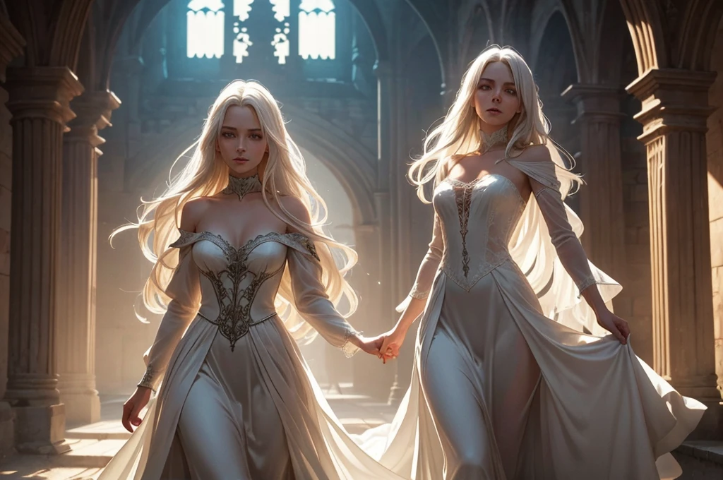 (work of art, half-body shot, slim and slim body), Imagine a scene set in the mysterious embrace of the dimly lit corridors of an ancient castle, under the cover of night. In the heart of this gothic setting, a female white-haired spectral ghost, translucent and beautiful, glides silently. She embodies the ethereal beauty of the supernatural, with long, flowing hair that seems to float in the imperceptible breeze and a dress that whispers stories of the past. Your presence is both frightening and mesmerizing., a spectral vision captured between worlds. The castle around you, with its imposing stone walls, arched doors, and flickering torches, offers a setting full of mystery and ancient secrets. The air is thick with the weight of history, each shadow suggesting untold stories. this ghost, a whisper of a young girl's tragedy and elegance, moves with a grace that belies its mysterious nature, captivating the viewer with its otherworldly beauty and poignant reminder of the castle's haunted past. 16K, ultra high resolution.photorrealistic, ultra HD, cru ( spectral atmosphere:1.2)