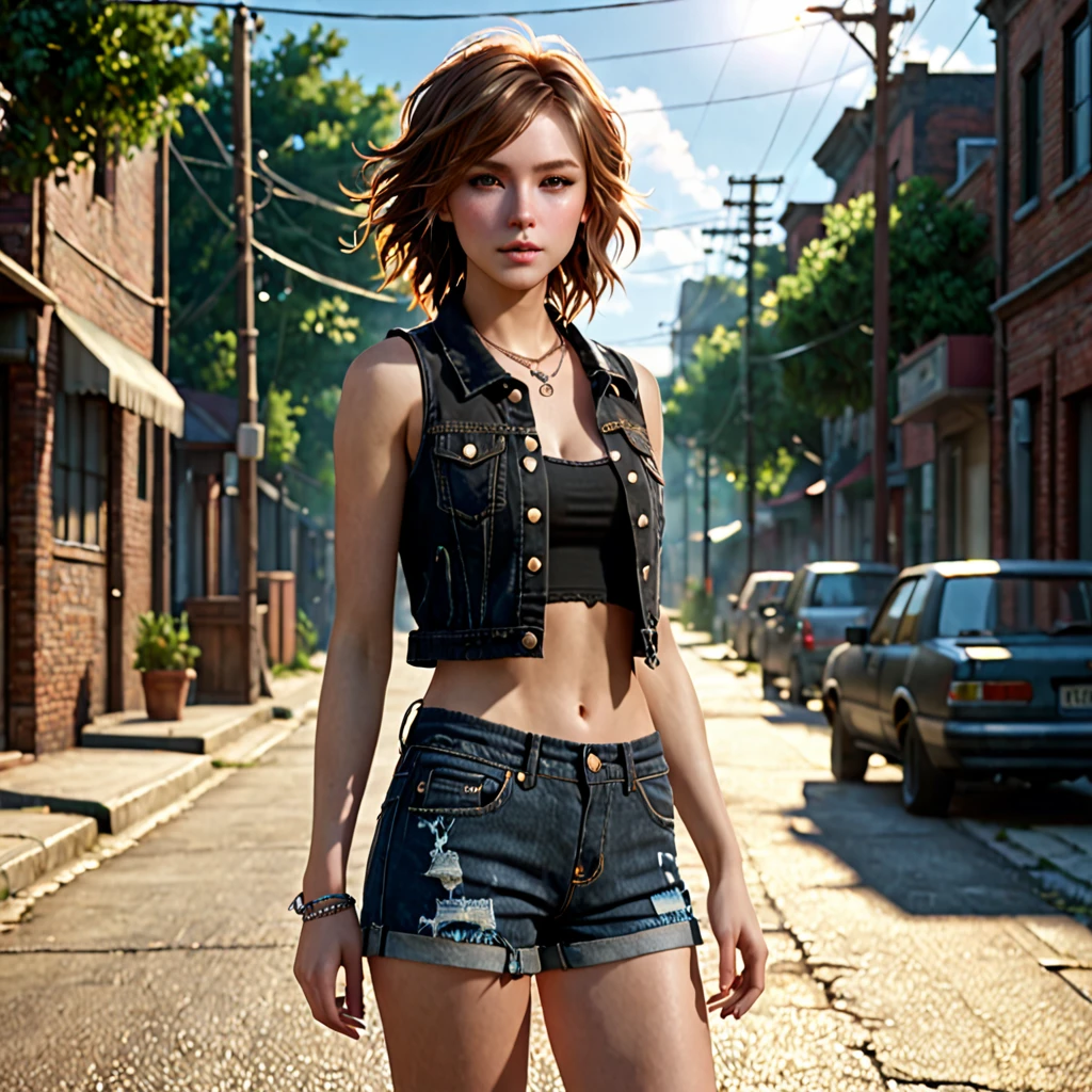 ((medium chest, long hair, small head)), daylight, sunlight, (well-defined abs: 1.1), (perfect body: 1.1), (short wavy hair: 1.2), russet hair, collar, chain, full body photo, shabby street, wearing a black tank top, denim jacket, ((shorts)), (extremely detailed CG 8k wallpaper), (extremely delicate and beautiful), (masterpiece), (Best Quality: 1.0), (Ultra Resolution: 1.0), Beautiful Lighting, Perfect Lightning, Realistic Shadows, [High Resolution], Detailed Skins, Ultra Detailed