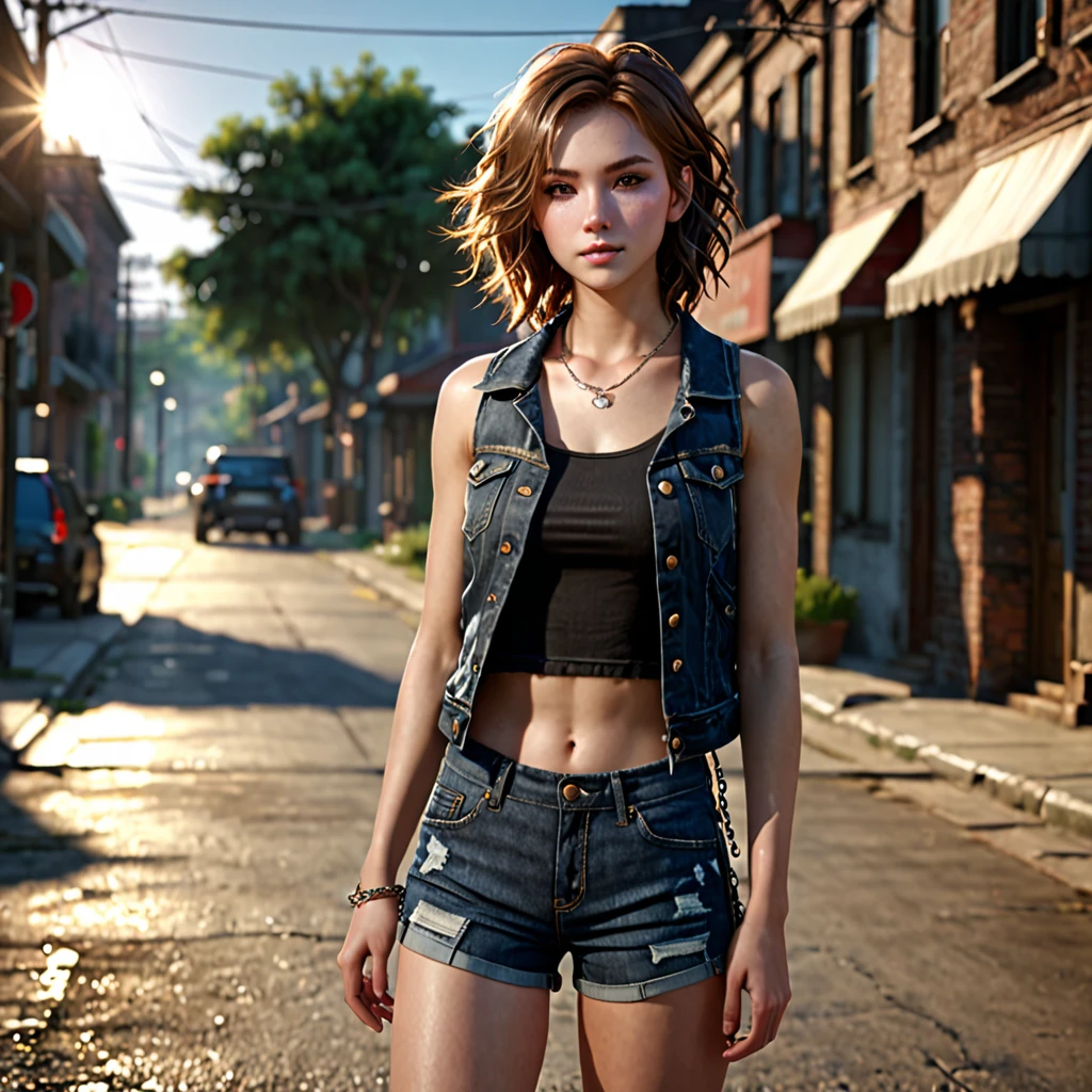 ((medium chest, long hair, small head)), daylight, sunlight, (well-defined abs: 1.1), (perfect body: 1.1), (short wavy hair: 1.2), russet hair, collar, chain, full body photo, shabby street, wearing a black tank top, denim jacket, ((shorts)), (extremely detailed CG 8k wallpaper), (extremely delicate and beautiful), (masterpiece), (Best Quality: 1.0), (Ultra Resolution: 1.0), Beautiful Lighting, Perfect Lightning, Realistic Shadows, [High Resolution], Detailed Skins, Ultra Detailed