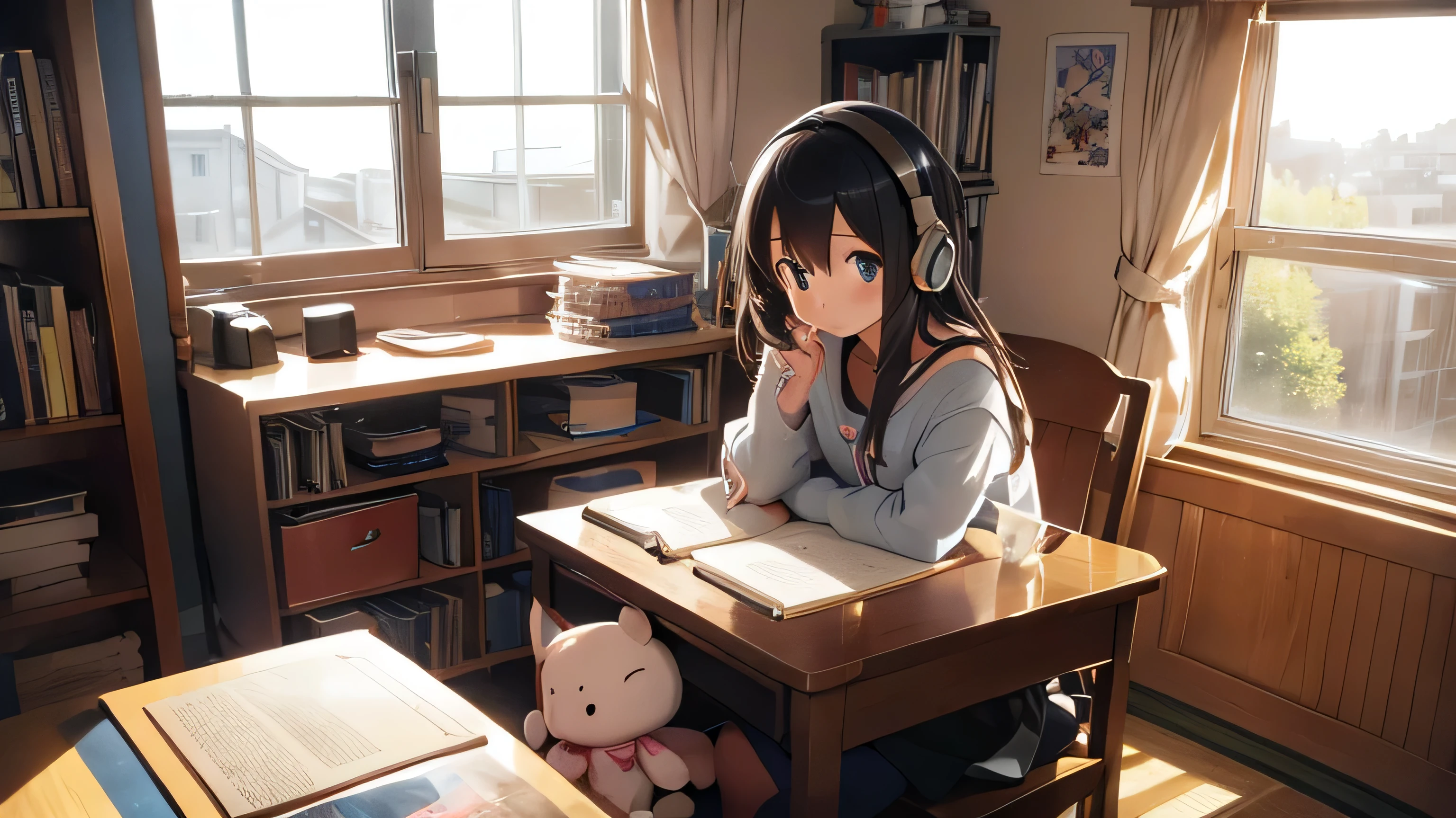 A beautiful girl studying in her room while listening to music with headphones The room is decorated with bookshelves and stuffed toys. The window is open and the curtains are fluttering Japanese anime style