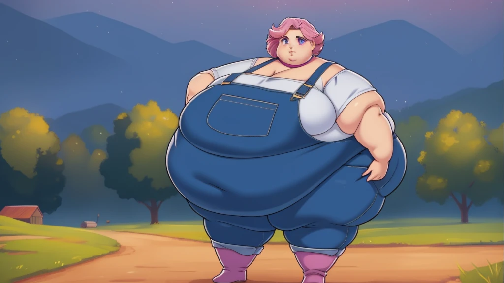 (Morbidly obese body:1.2)(Fat neck and chin:1.3)(Obese:1.1),fat, Slightly chubby, sad, farm backround, Full body, looking at viewer, 1girl, solo, short pink hair, (dark blue choker), (dark blue denim overalls), (purple eyes), (pink boots), (white shoulder lantern sleeve blouse, tucked in pants