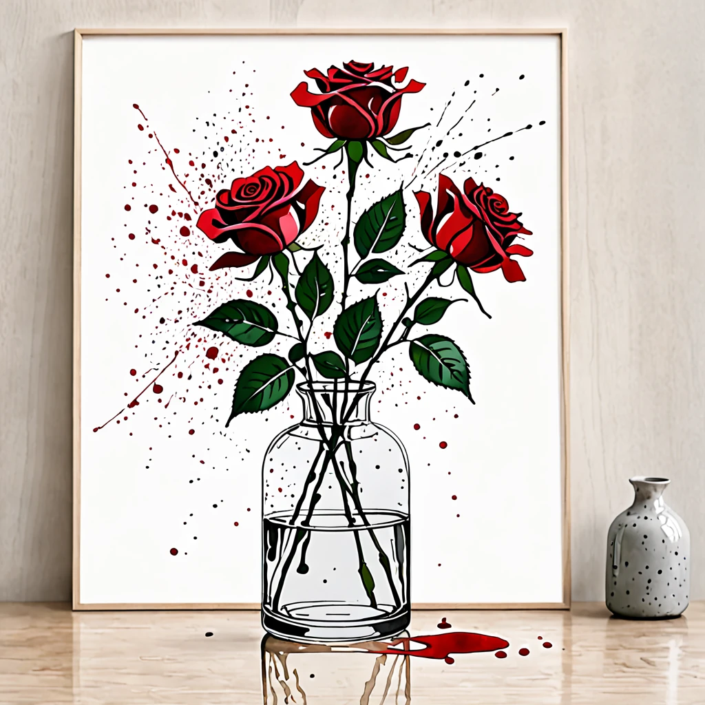 a simple line drawing of red roses in glass vases, ink splatter, watercolor, minimalist illustration, (best quality,4k,8k,highres,masterpiece:1.2),ultra-detailed,(realistic,photorealistic,photo-realistic:1.37),line art, simple floral, elegant, delicate, soft, calming, soothing, red roses, glass vases, ink splatter, transparent glass, watercolor, minimalist, clean, refined, botanical, still life