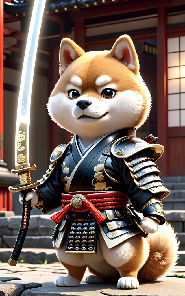 Shiba Inu Samurai,whole body, He has a Japanese sword charged with lightning., Wearing black Japanese armor and hakama haori, Japanese temple background, High resolution, masterpiece, Highest quality, Very detailed, Very detailed, Ultra-realistic,
 Japan style, 3D Fluffy, Cute and adorable close-ups, Cute big round reflective eyes, Long fuzzy fur, Pixar Rendering, unreal engine Cinematic smooth, Exquisite detail, Cinematic