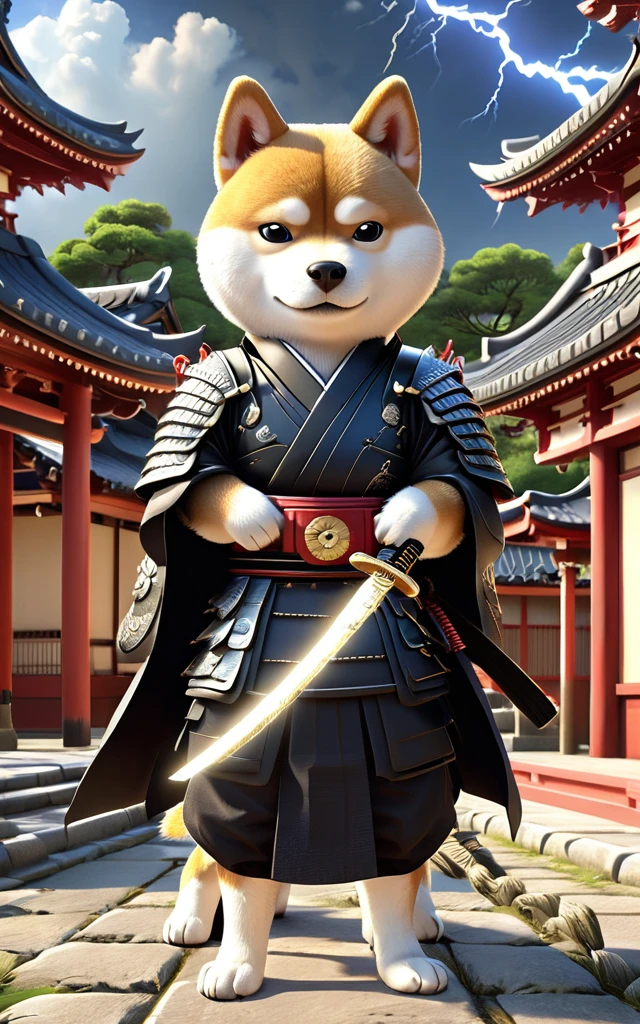 Shiba Inu Samurai,whole body, He has a Japanese sword charged with lightning., Wearing black Japanese armor and hakama haori, Japanese temple background, High resolution, masterpiece, Highest quality, Very detailed, Very detailed, Ultra-realistic,
 Japan style, 3D Fluffy, Cute and adorable close-ups, Cute big round reflective eyes, Long fuzzy fur, Pixar Rendering, unreal engine Cinematic smooth, Exquisite detail, Cinematic