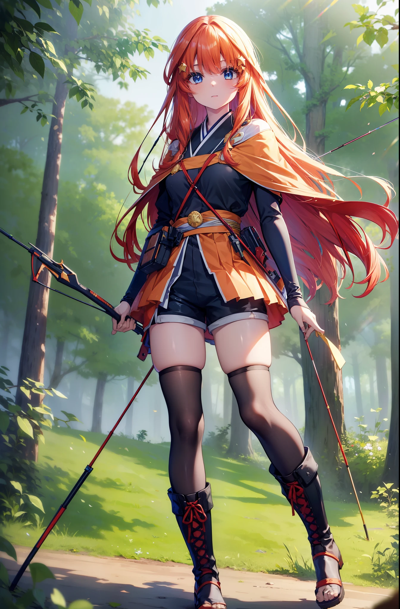itsukinakano, itsuki nakano, bangs, blue eyes, Hair between the eyes, Redhead, star \(symbol\), hair ornaments, star hair ornaments,Long Hair,Carrying an archery bag,He has a quiver on one side, boots, Cape,gloves, red Knee socks, High heels, Shorts, Knee socks,whole bodyがイラストの中に入っていくように,歩いている
break outdoors, forest,forest林, break looking at viewer,whole body,
break (masterpiece:1.2), Highest quality, High resolution, unity 8k wallpaper, (shape:0.8), (Fine and beautiful eyes:1.6), Highly detailed face, Perfect lighting, Highly detailed CG, (Perfect hands, Perfect Anatomy),