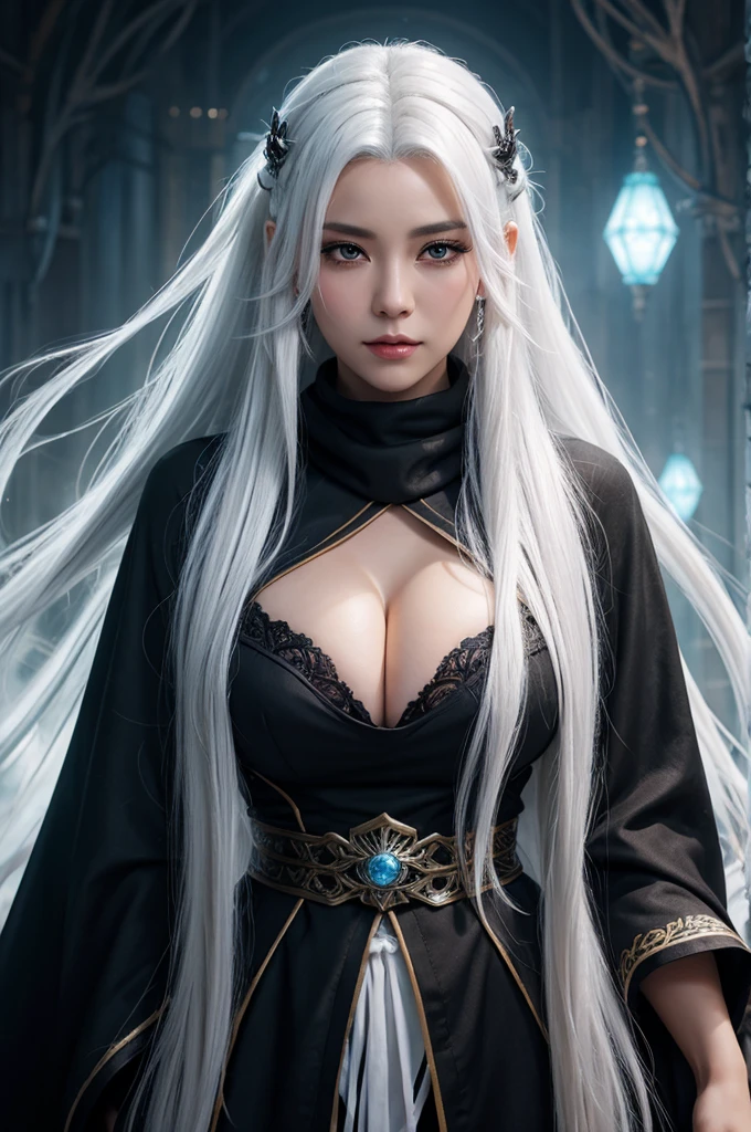 a close up of a woman with a white hair and a black scarf, huge gigantic breasts,a character portrait by Yang J, pixiv contest winner, fantasy art, white haired deity, beautiful character painting, artwork in the style of guweiz, the piercing stare of yuki onna, guweiz, with white long hair, with long white hair, flowing hair and long robes