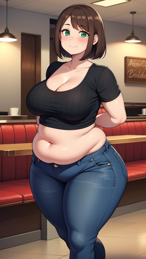 ((highres)), Masterpiece, high quality, best quality, beautiful, perfect lighting, detailed face, ultra cute face, looking at viewer, on a date, ((blush)), affectionate smile, ((1girl)), ((solo)), brown hair, fluffy hair, green eyes, jeans, crop top, tight clothes, fast food restaurant, medium breasts, cleavage, wide hips, ((thick thighs)), ((chubby)), chubby belly, standing, arms behind back, leaned over, cute pose,