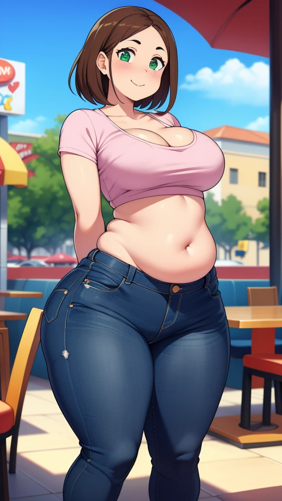 ((highres)), Masterpiece, high quality, best quality, beautiful, perfect lighting, detailed face, ultra cute face, looking at viewer, on a date, ((blush)), affectionate smile, ((1girl)), ((solo)), brown hair, fluffy hair, green eyes, jeans, crop top, tight clothes, fast food restaurant, medium breasts, cleavage, wide hips, ((thick thighs)), ((chubby)), chubby belly, standing, arms behind back, leaned over, cute pose,