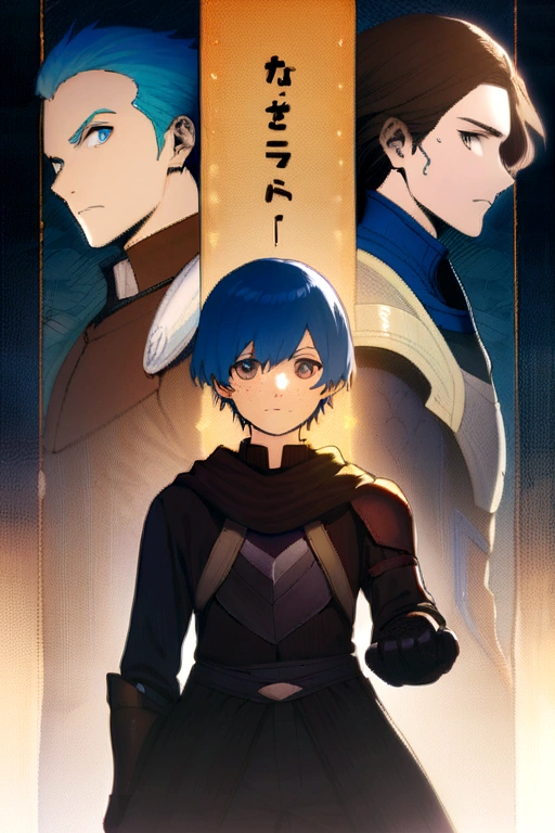 Series poster where the main characters are two boys, one with blue hair ,blue eyes and freckles and the second character with brown hair, brown eyes, both wearing armor 