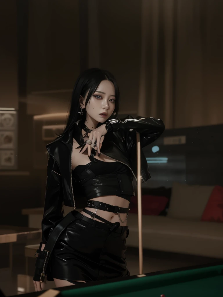 Arav wears black leather jacket，Posing with a pool cue, Yoo Lee Ji Eun plays the supervillain, author：Yang Jie, Popular topics on cgstation, black leather slim clothes, wearing leather swimsuit, cgstation trends, Seductive portrait of Tifa Lockhart, seductive cyberpunk dark fantasy, Park Shin-hye plays a supervillain, Wearing black latex clothing