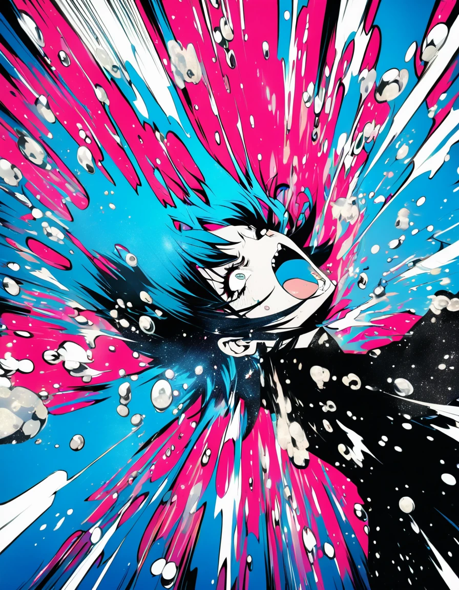 extremely detailed 8K CG, ultra-detailed:1.3, ultra delicate and detailed face:1.3, (absurdres, texture, masterpiece), pop art, pixiv contest winner, by Posuka Demizu, dynamic manga-style illustration of slender girl made of glitter pearls, She is screaming, chaos, cosmos,
