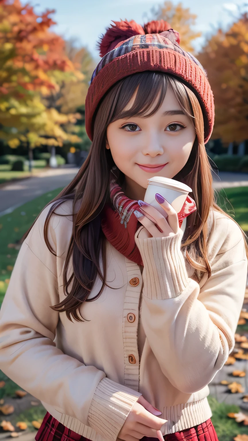 1girl, autumn leaves, bangs, black headwear, blurry background, blush, brown eyes, brown hair, brown scarf, brown skirt, cardigan, coffee, cowboy shot, cup, disposable cup, drink, falling leaves, beanie, holding, holding drink, leaf, long hair, long sleeves, looking at viewer, open cardigan, open mouth, plaid, plaid skirt, puffy long sleeves, red sweater, scarf, shirt, shirt tucked in, sidelocks, skirt, smile, solo, sweater, white shirt, extremely detailed, intricate, masterpiece, absurdres