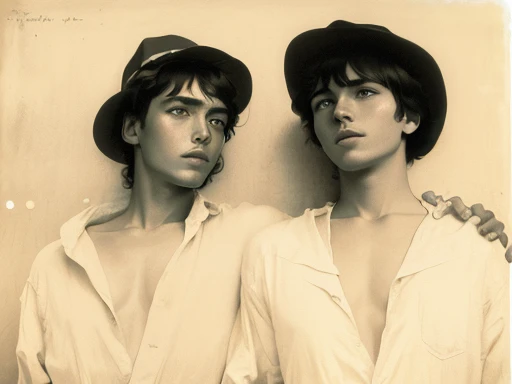 they are two people standing next to each other wearing hats, portrait of two people, by Tina Modotti, sargent and raffaelo monti, two young men, berenice abbott & john j. park, gustav klimt and mel ramos, béla tarr, dora maar and rene magritte, raoul hausmann, alexandra fomina