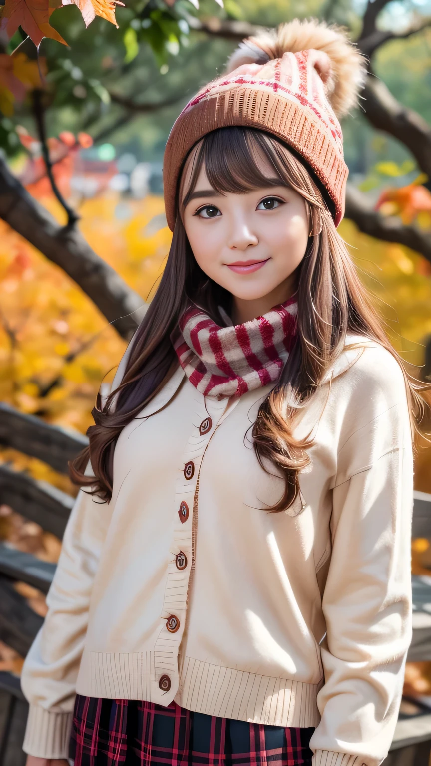 1girl, autumn leaves, bangs, black headwear, blurry background, blush, brown eyes, brown hair, brown scarf, brown skirt, cardigan, coffee, cowboy shot, cup, disposable cup, drink, falling leaves, beanie, holding, holding drink, leaf, long hair, long sleeves, looking at viewer, open cardigan, open mouth, plaid, plaid skirt, puffy long sleeves, red sweater, scarf, shirt, shirt tucked in, sidelocks, skirt, smile, solo, sweater, white shirt, extremely detailed, intricate, masterpiece, absurdres